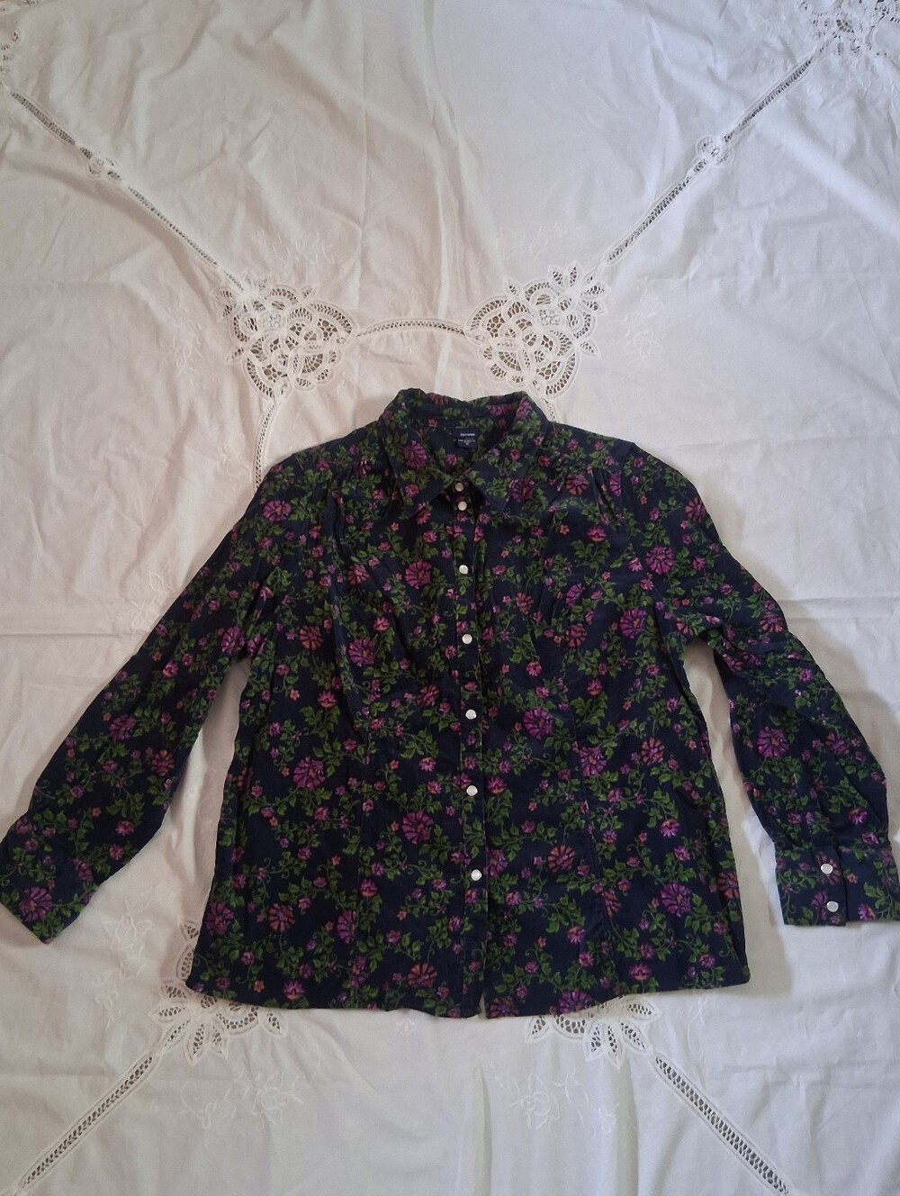 Vintage Basic Editions Womens L/S Corduroy Shirt - Navy Blue Floral - Sz 1X